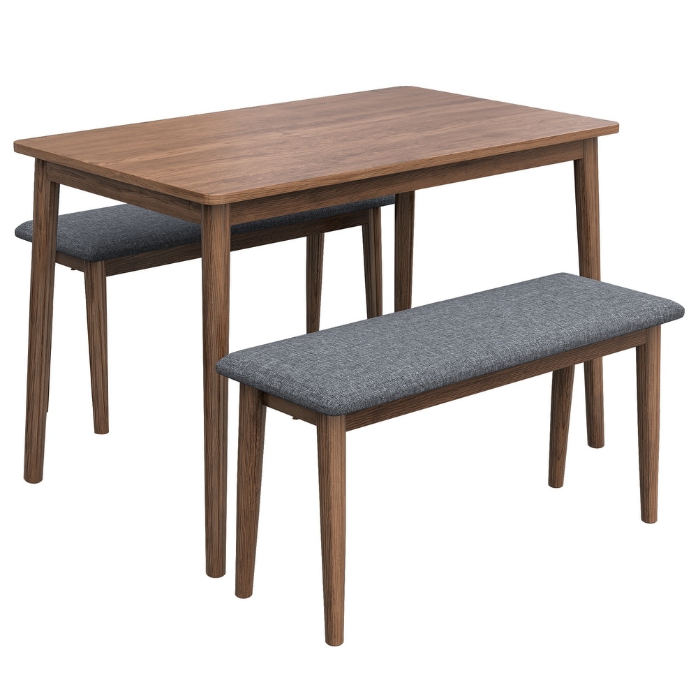 Rectangular 3 Piece Wood Fixed Dining Table Set with Fabric Bench Seating and Rubber Wood Dining Table for Dining Room