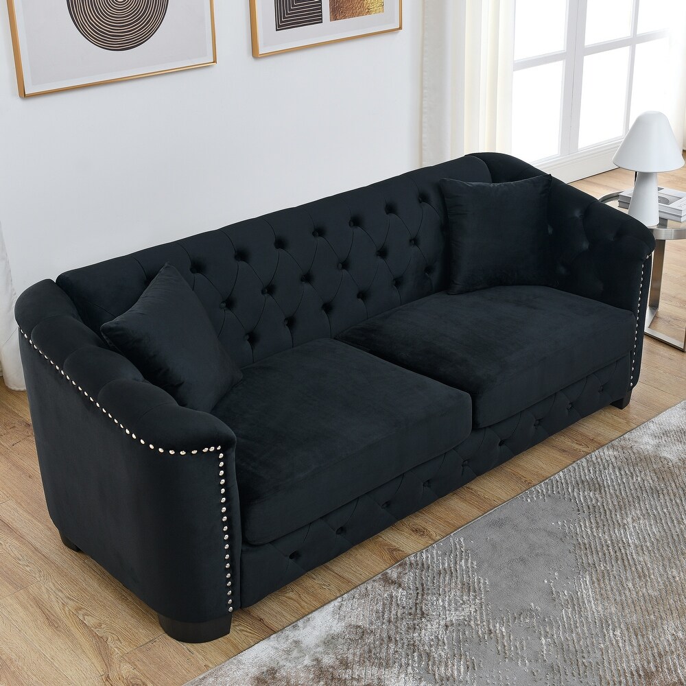 Button Tufted Backrest Sofa 3 Seater Velvet Upholstered Couch with Throw Pillows and Rubber Legs for Living Room Sofa