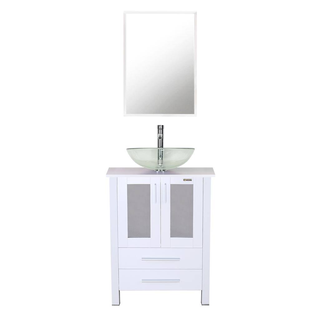 eclife 24 in. W x 20 in. D x 32 in. H Single Sink Bath Vanity in White with Clear Vessel Sink Top Chrome Faucet and Mirror BV102WH+VS016TT