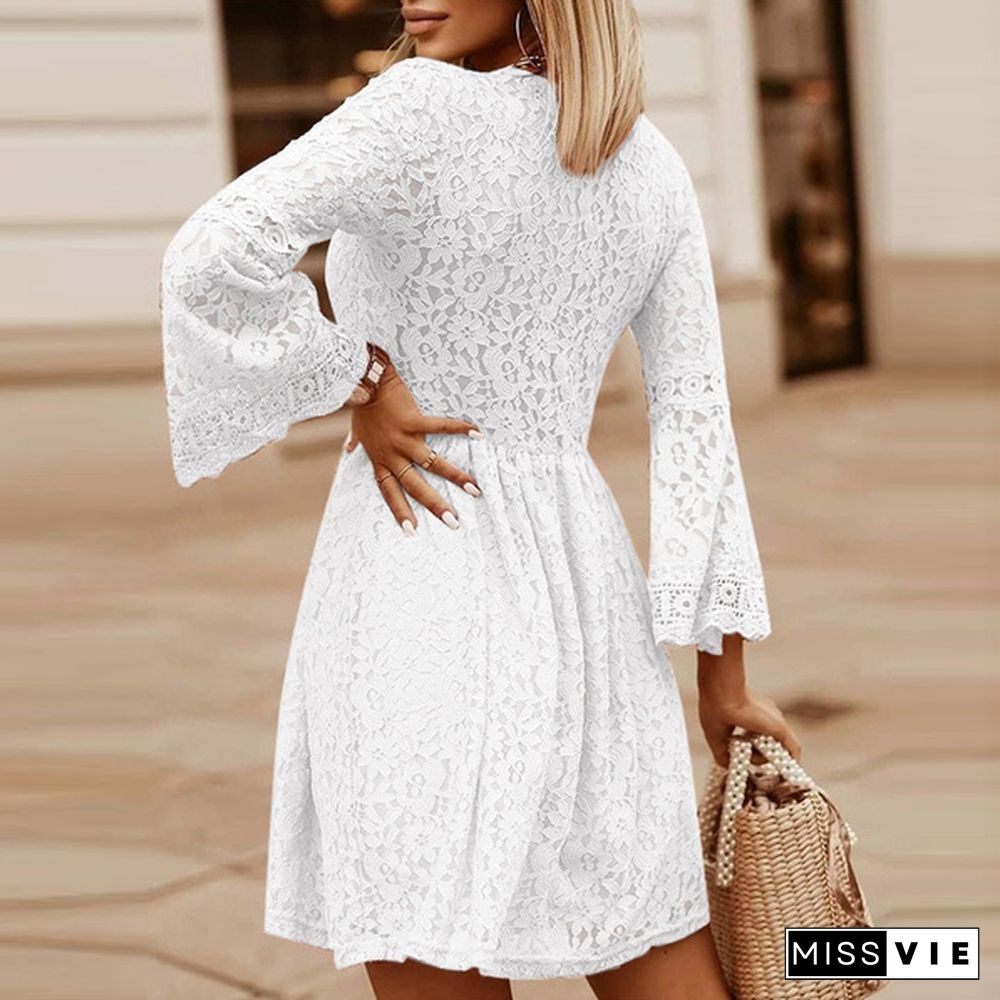 Womens Fashion Lace Mini Dress Flare Long Sleeve V Neck Evening Party Elegant Casual Pleated Short Dress Plus Size