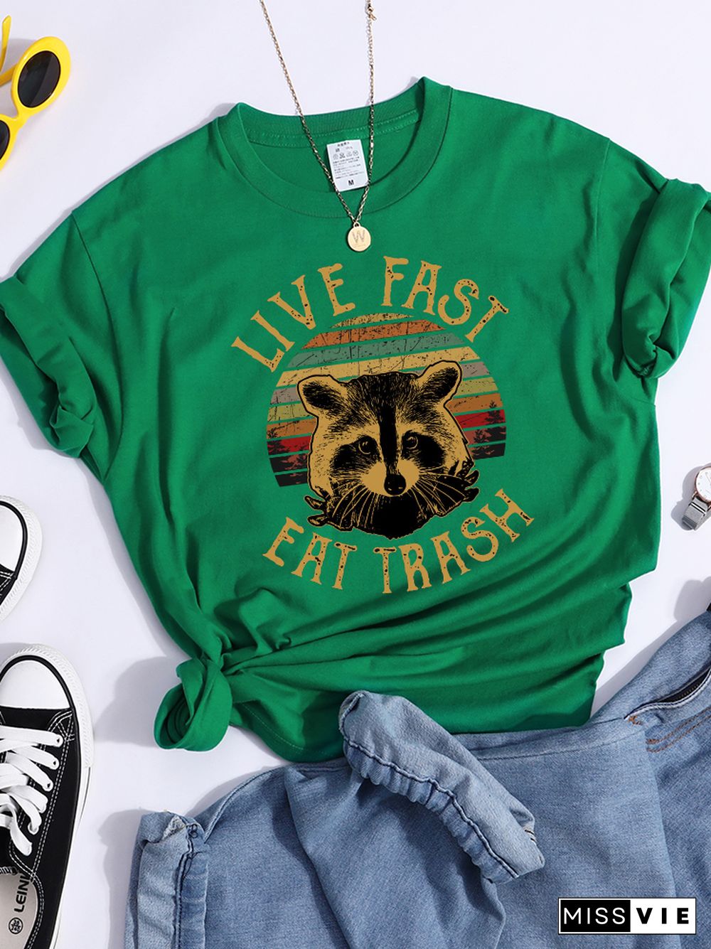 Live Fast Eat Trash Stray Raccoon Print Women T Shirt Fashion Casual Tshirt Street Hip Hop Crop Top Harajuku Sport Cool T-Shirts