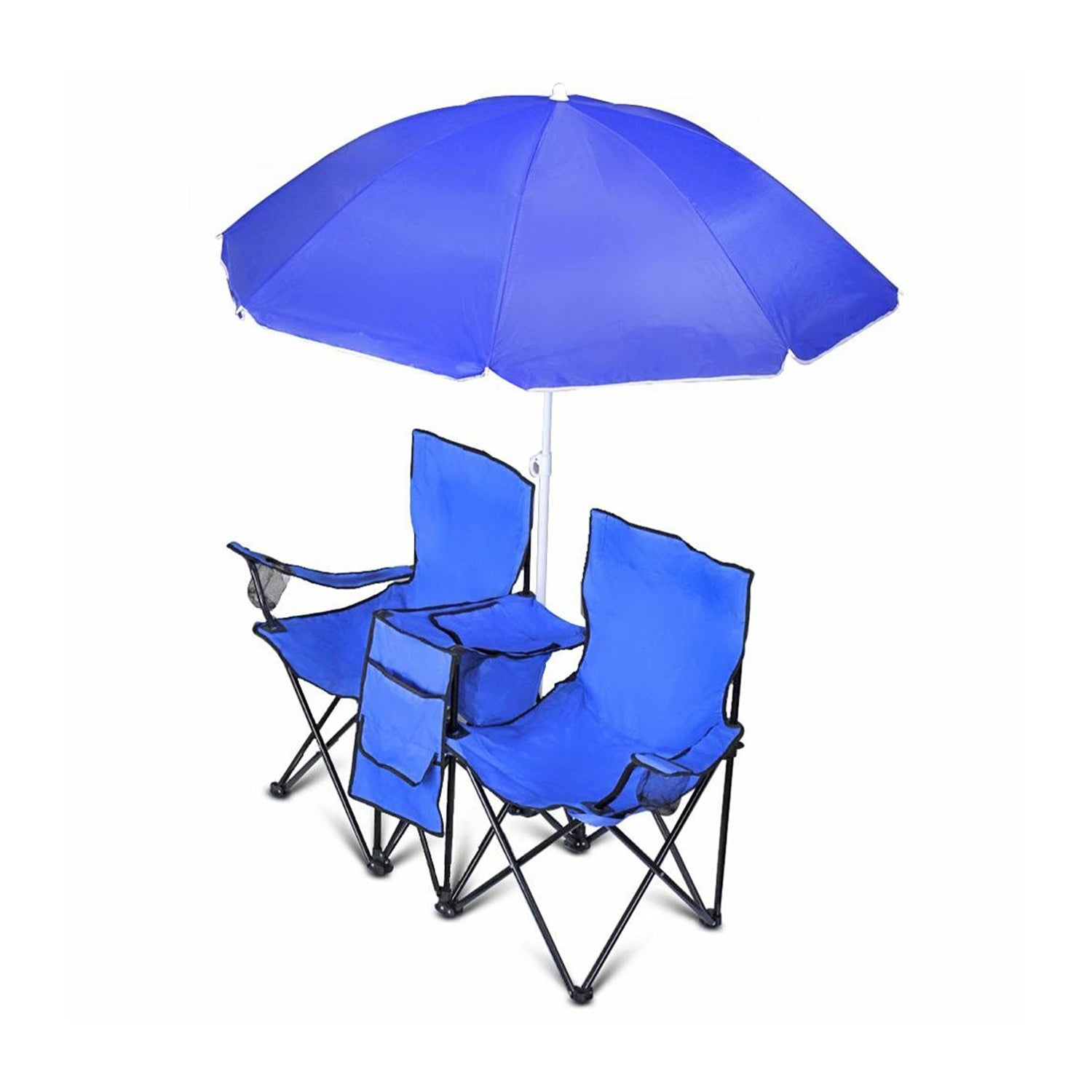 GoTeam Double Folding Camping Chair Set w/ Umbrella & Cooler Bag, Blue(Open Box)