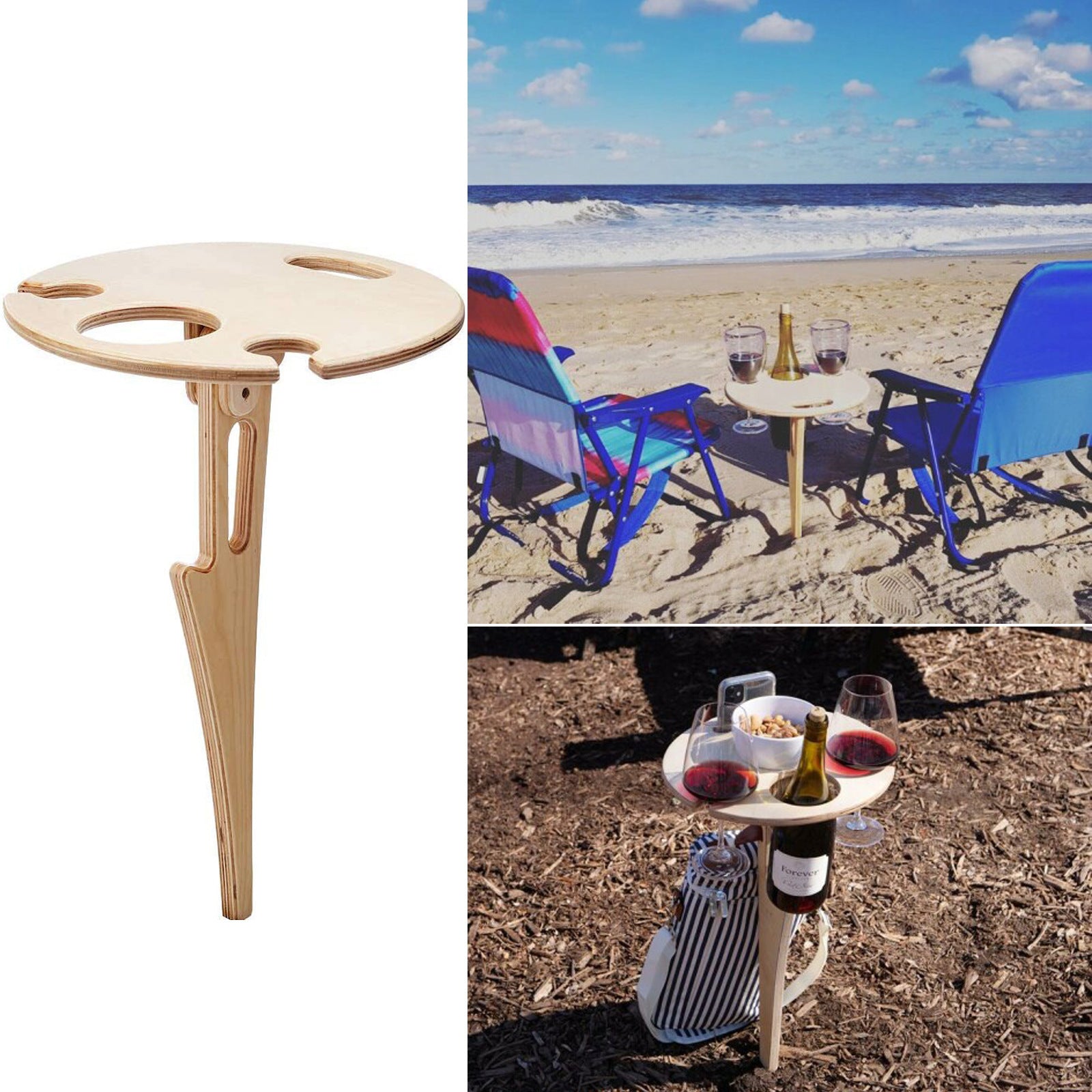 Outdoor Folding Wine Table - Portable Wooden Table Picnic Table Wine Holder Beer， Wine Glass Rack， Collapsible Table