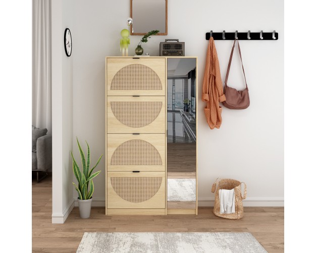 Arina 63 9 x27 x27 H X 37 x27 x27 W X 9 45 x27 x27 D Farmhouse Natural Rattan Shoe Cabinet For 16 Pairs Design Mirror With 4 Flip Down Drawers The Pop Maison