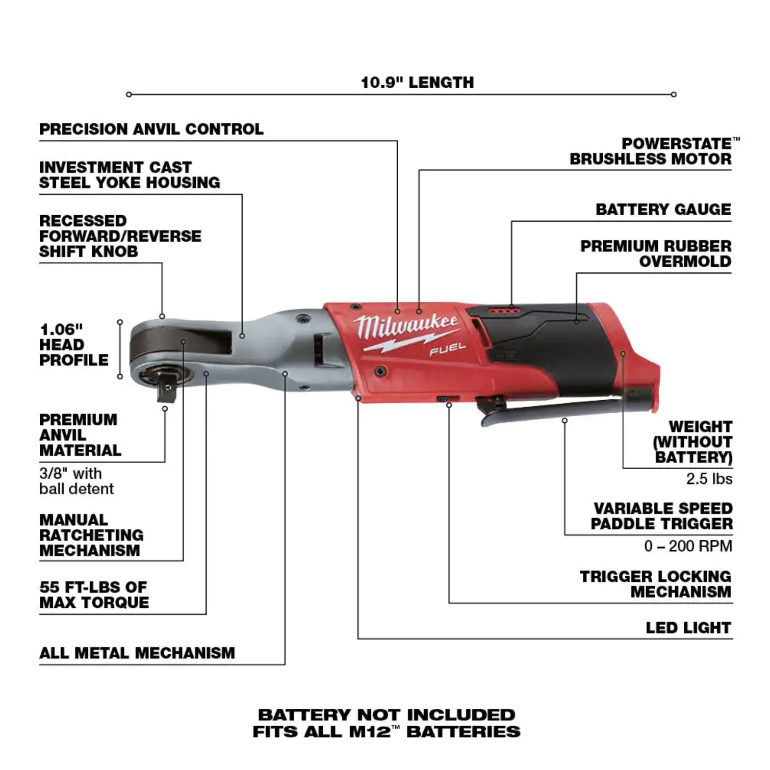 Milwaukee M12 FUEL 12-Volt Lithium-Ion Brushless Cordless 3/8 in. Ratchet， Tool-Only (2557-20)