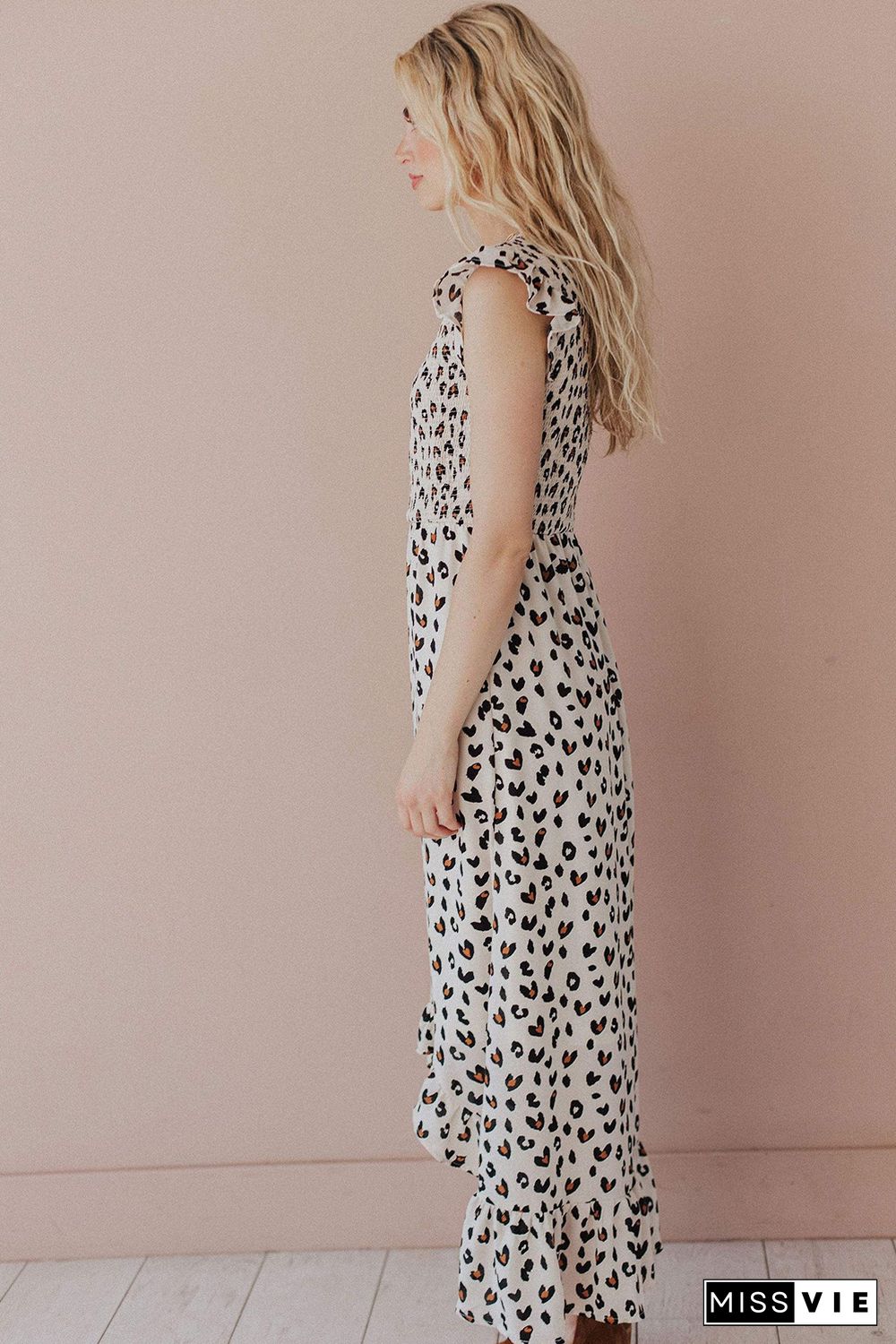 White Leopard Smocked High Low Midi Dress