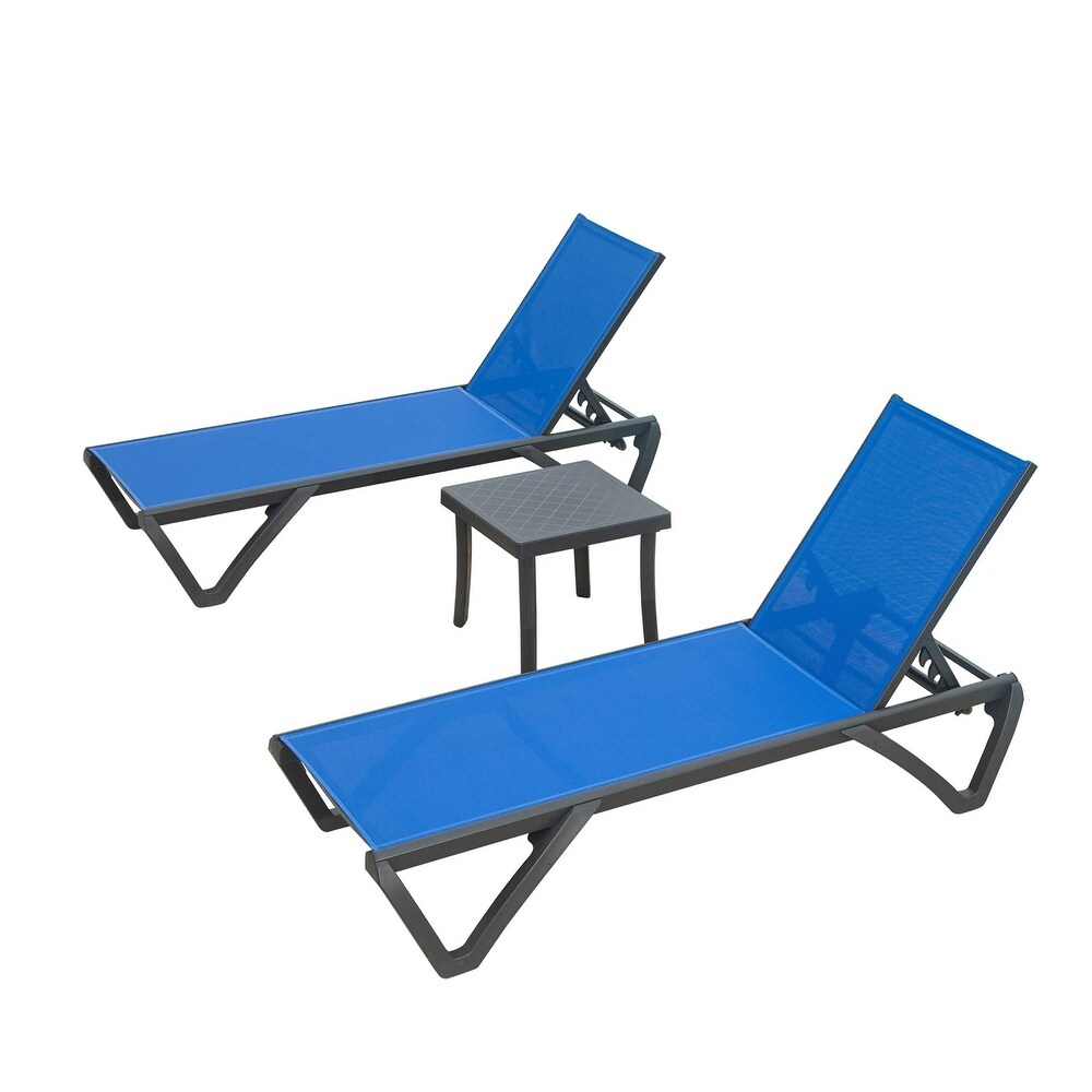 5 Adjustable Aluminium Polypropylene Outdoor 2 Chaise Lounge Chair and 1 Table in Blue   N/A