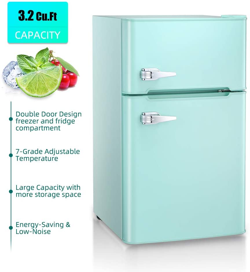 3.2 Cu.ft Compact Double Door Refrigerator with Freezer, Freestanding Mini Fridge with Top Door Upright Freezer for Home,Dorm,Office or RV with Removable Glass Shelves (Green)