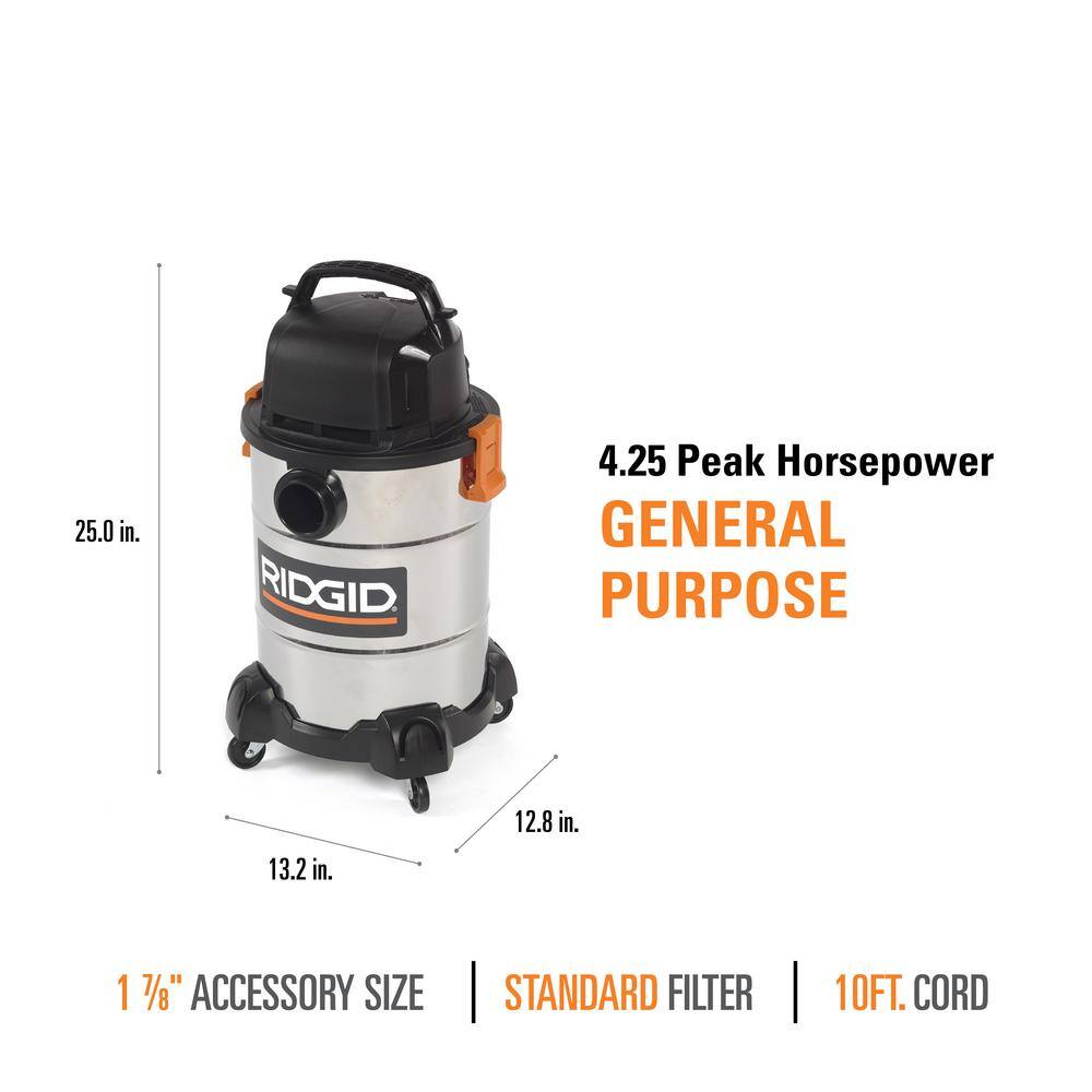 RIDGID 6 Gallon 4.25 Peak HP Stainless Steel WetDry Shop Vacuum with Filter Locking Hose and Accessories WD6425