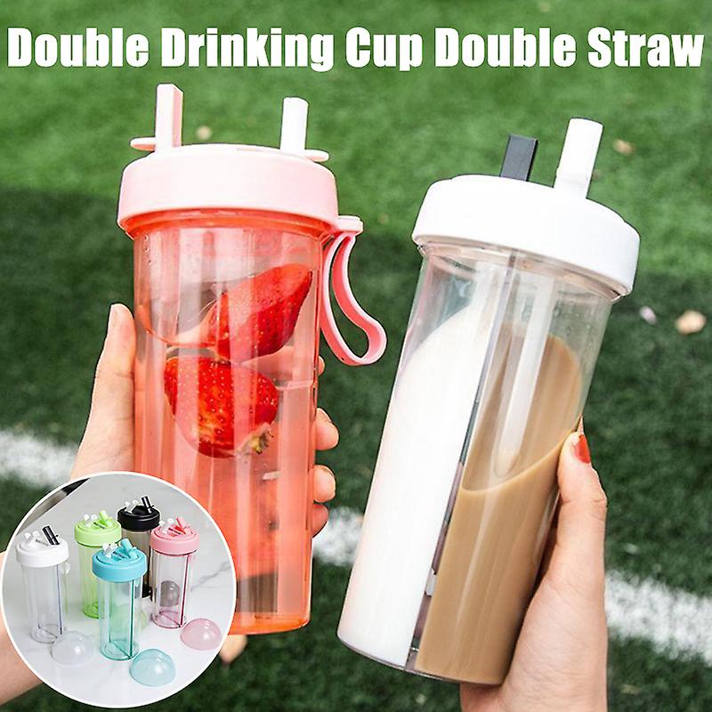 600ml Double Drinking Cup Double Straw Portable Large Capacity Water Bottle Creative Couple Water Mug Dual Purpose Bottle Kettle