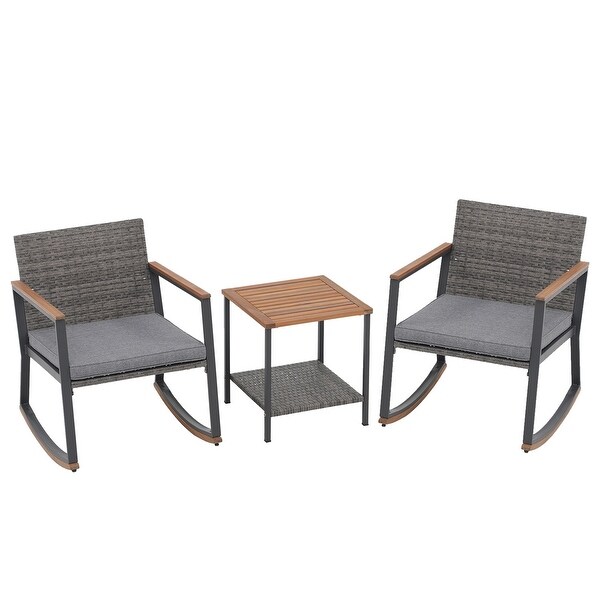 3 Pieces Rocking Wicker Bistro Set，Patio Outdoor Furniture Conversation Sets with Porch Chairs and Glass Coffee Table