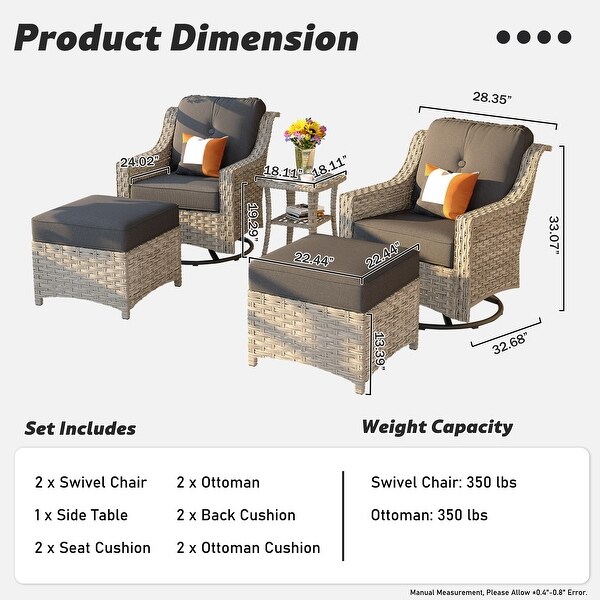 OVIOS 5 Pieces Outdoor Wicker Curved Swivel Chair Set With Ottoman