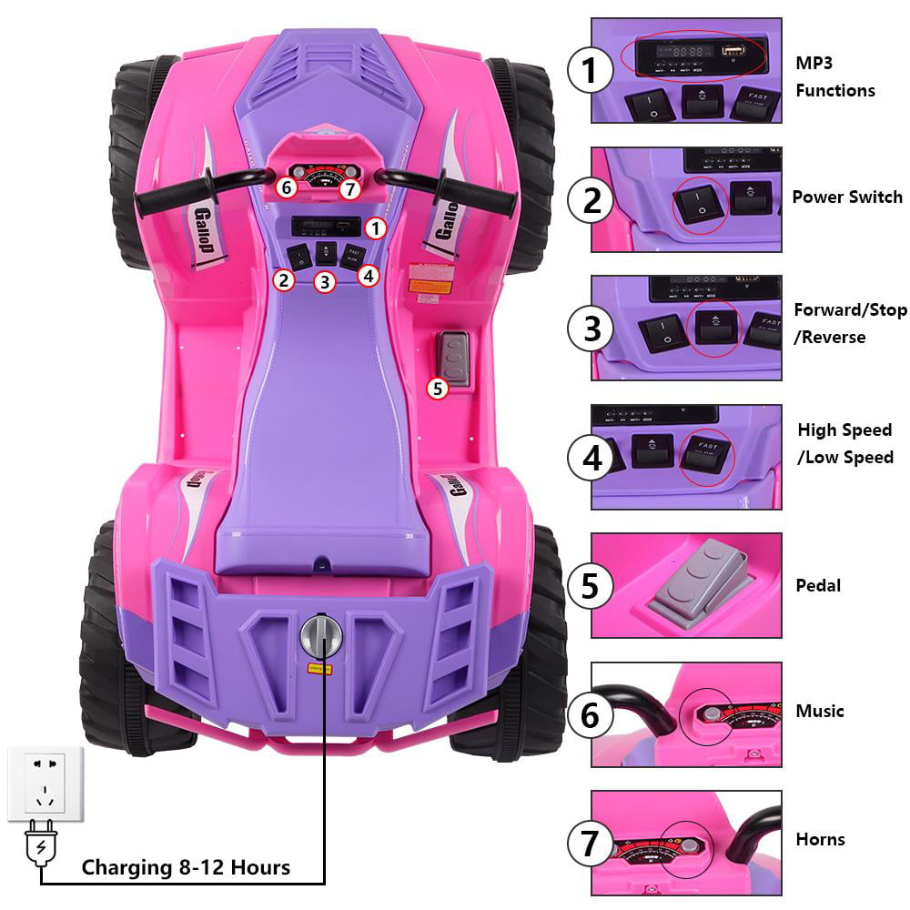 Winado Perfect for Kids Ride On ATV 12V 7Ah Battery Powered Car 4-Wheeler with a Realistic Foot Pedal Accelerator, LED Headlights, Music, Horn - Pink and Purple