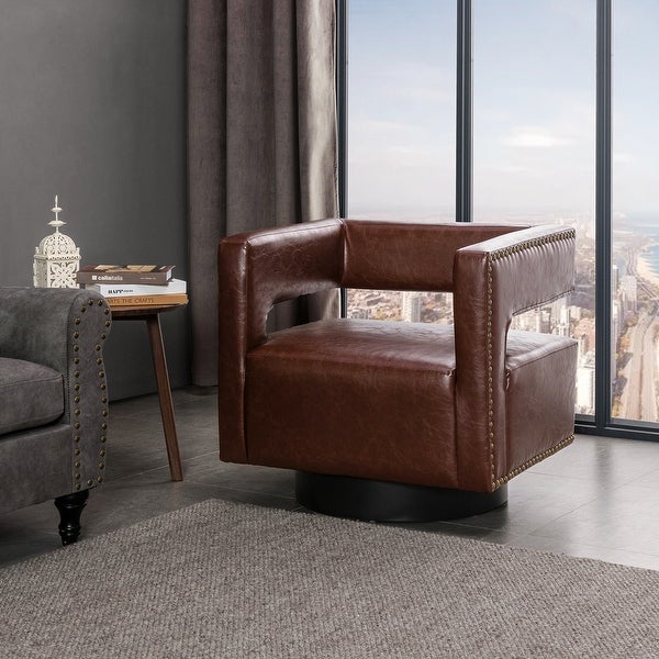 Bortolotti Contemporary Upholstery Swivel Nailhead Trim Barrel Chair with Open Back and Metal Base by HULALA HOME