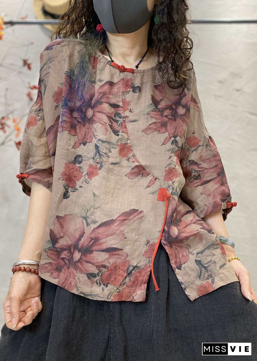 Art Red Print Asymmetrical Oriental Button Linen Shirt Top Half Sleeve