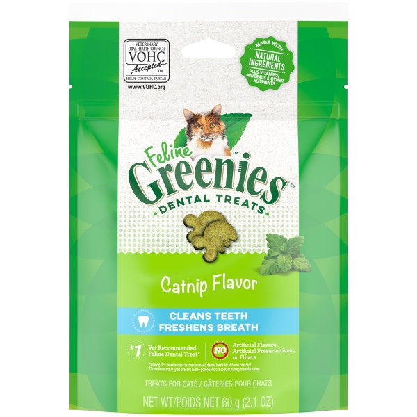 Feline Greenies Adult Natural Dental Care Cat Treats， Catnip Flavor， 2.1 oz. Pouch