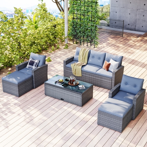 6piece AllWeather Wicker PE rattan Patio Outdoor Dining Conversation Sectional Set with coffee table，wicker sofas，ottomans