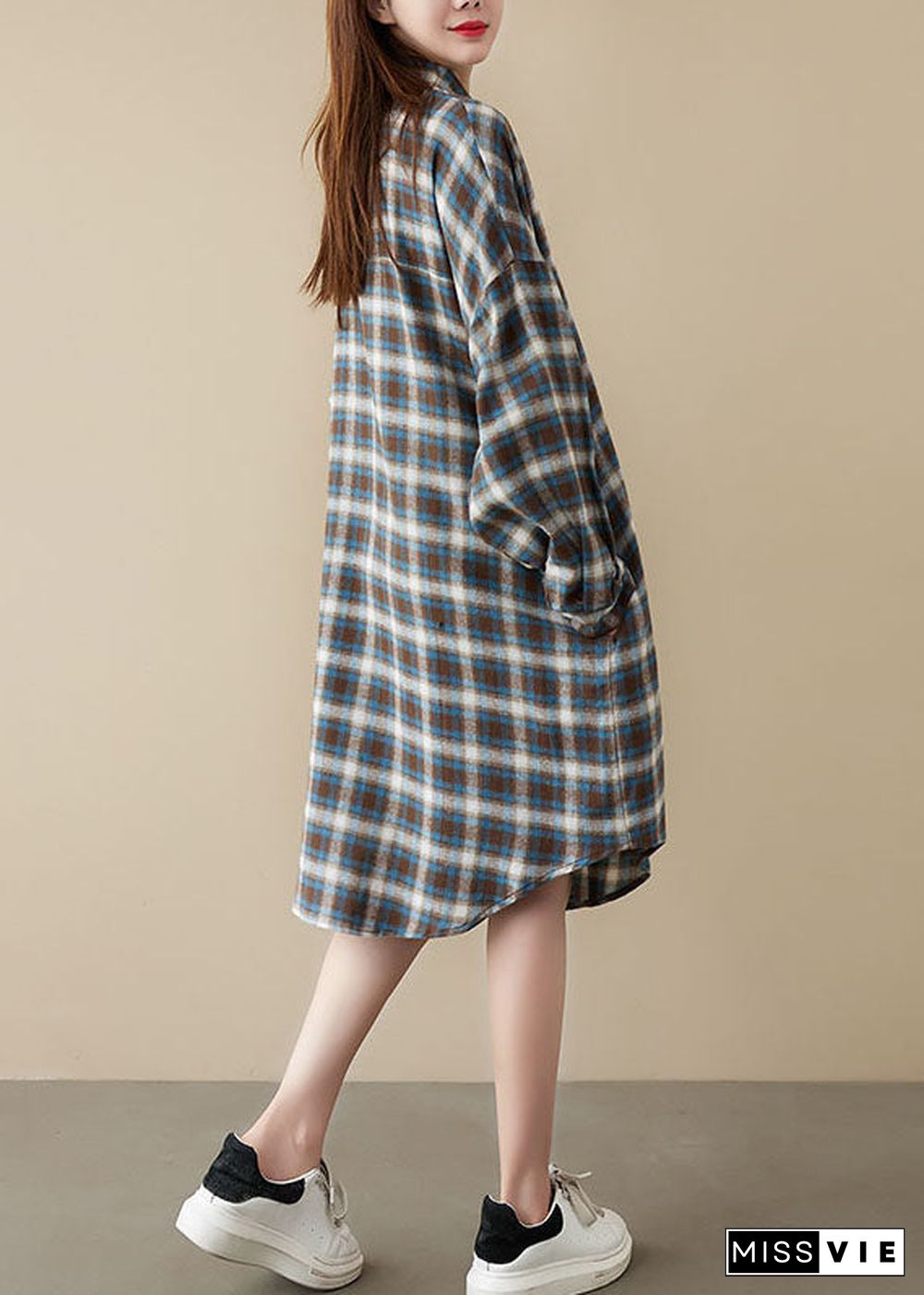 diy Blue Plaid Peter Pan Collar Button Pockets Fall Long sleeve Blouse Dresses