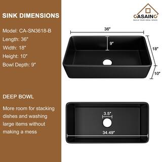 CASAINC Fireclay 36 in. Single Bowl Farmhouse Apron Kitchen Sink with Grid and Strainers in Matte Black With cUPC Certified CA-SN3618-B