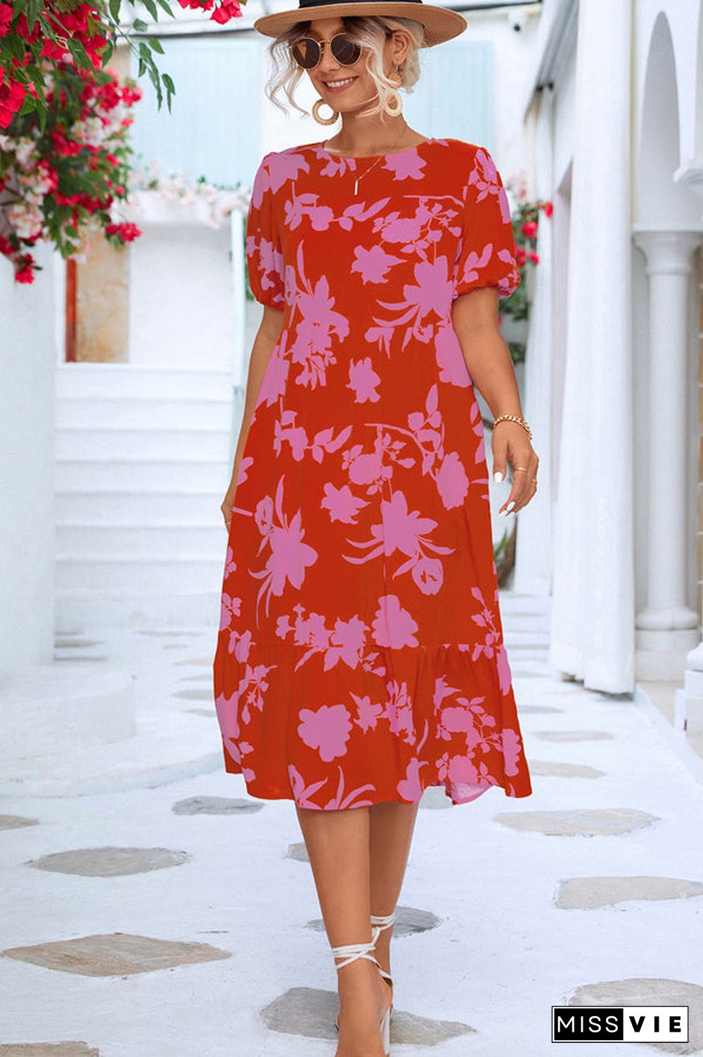 Floral Print Ruffle Hem Short Sleeve Dress