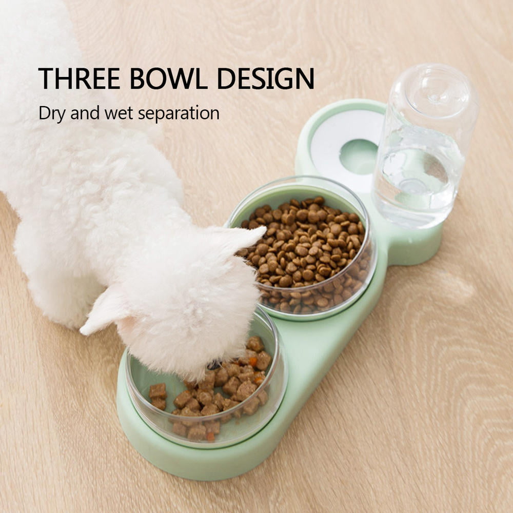 QUNAG Pet Bowl Cat Double Bowls Food Water Feeder with Auto Water Dispenser Dog Cat Food Bowl Drinking Raised Stand Dish Three Bowls(Grey)