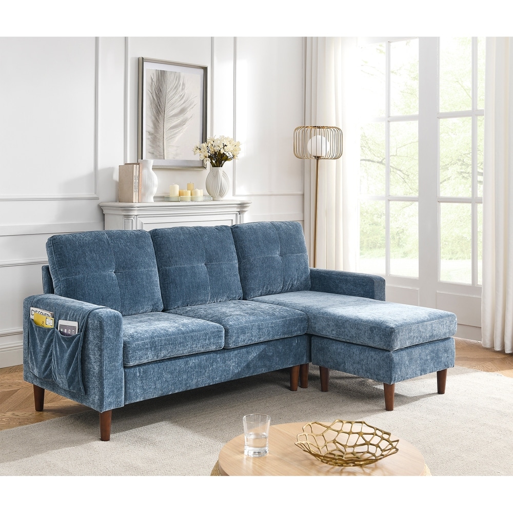 Chenille Convertible Sectional L shape Sofa Couch  3 Seats Sofa with Removable Cushions and Pocket  Rubber Wood Legs