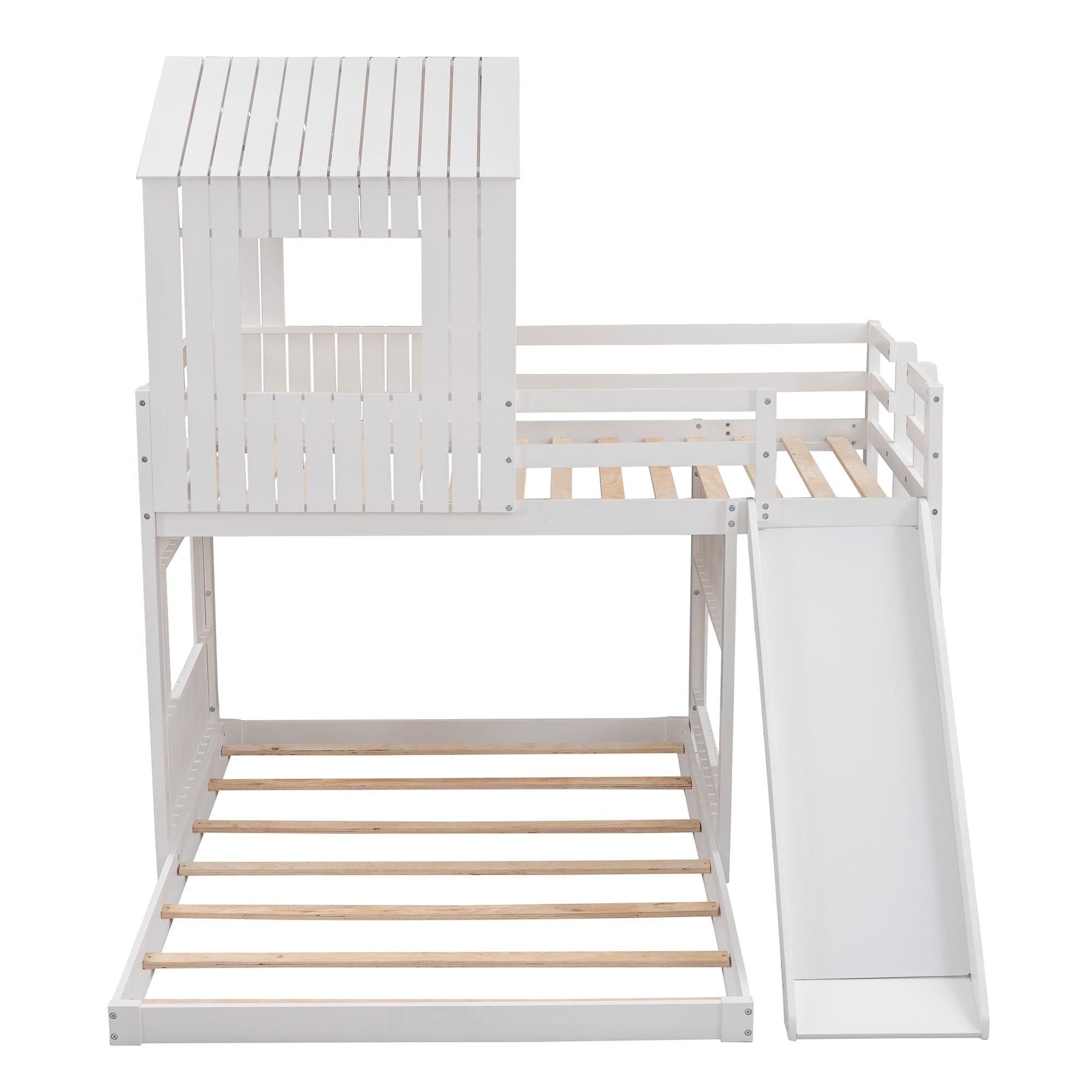 Churanty Twin Over Full Bunk Bed With Slide Wooden House Bunk Bed Playhouse Beds For Kids White