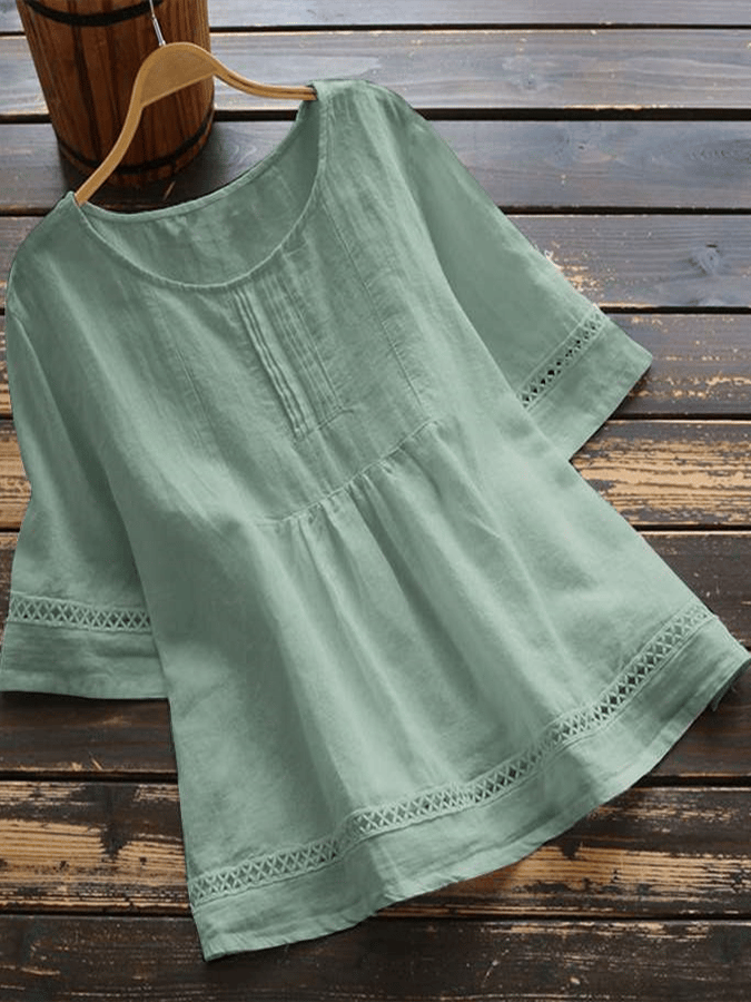 Women's Solid Color Round Neck Patchwork Hollow Out Shirt