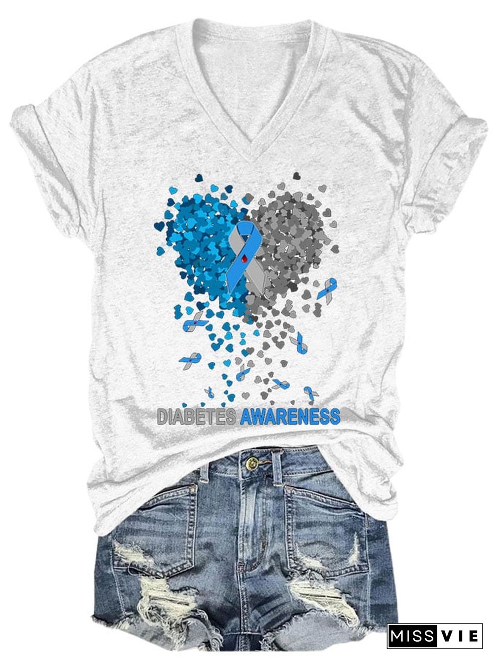 Women's Casual Diabetes Awareness Printed Short Sleeve T-Shirt