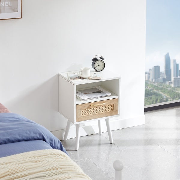 Modern Rattan Side table/Nightstand with 1 Shelf，1 drawer and 4 Solid Wood Legs