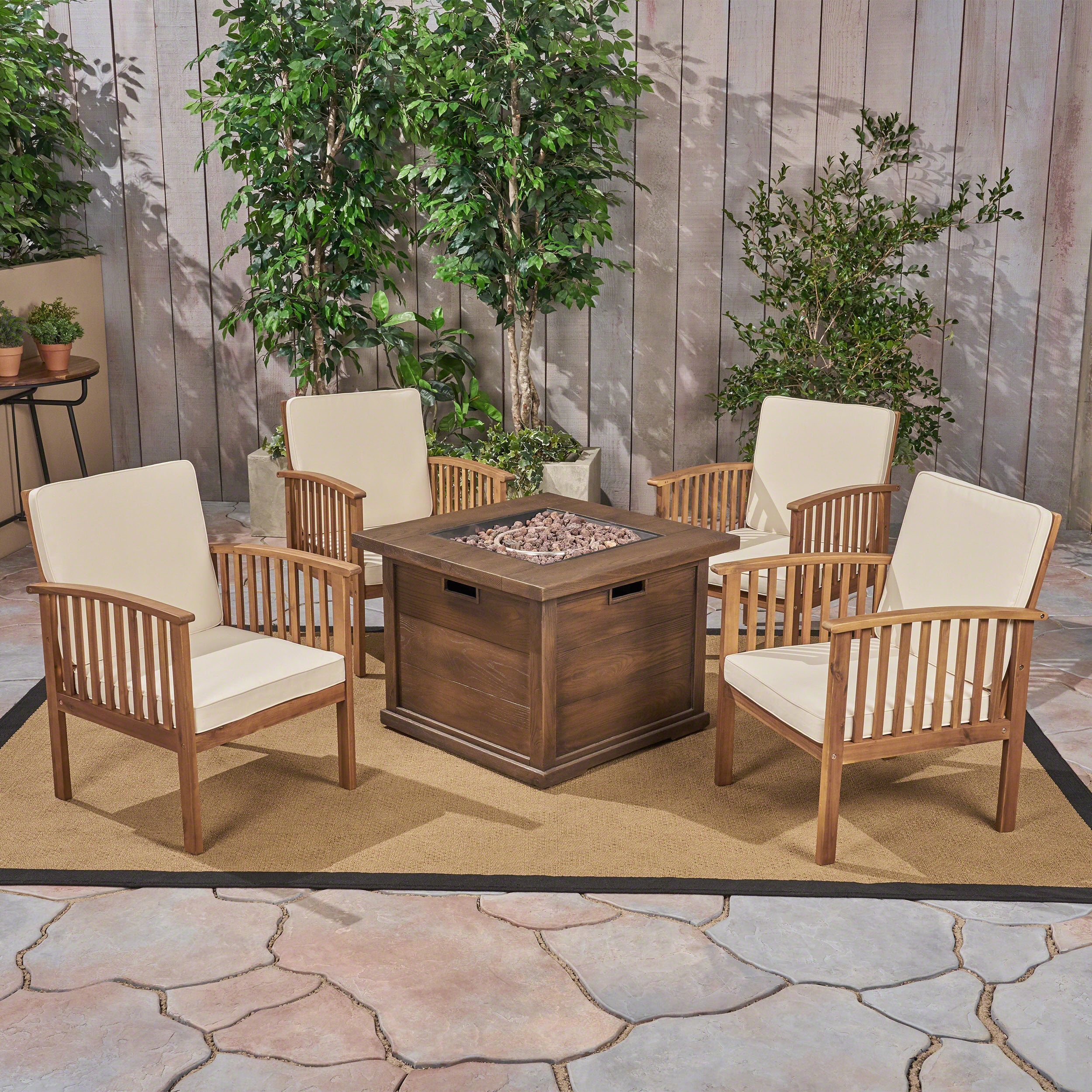 Cape Outdoor 4-Seater Acacia Wood Club Chairs with Firepit