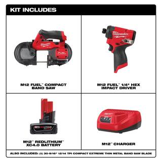 MW M12 FUEL 12-Volt Lithium-Ion Cordless Compact Band Saw and M12 FUEL 14 in. Hex Impact Driver with Battery and Charger 48-59-2440-2529-20-3453-20