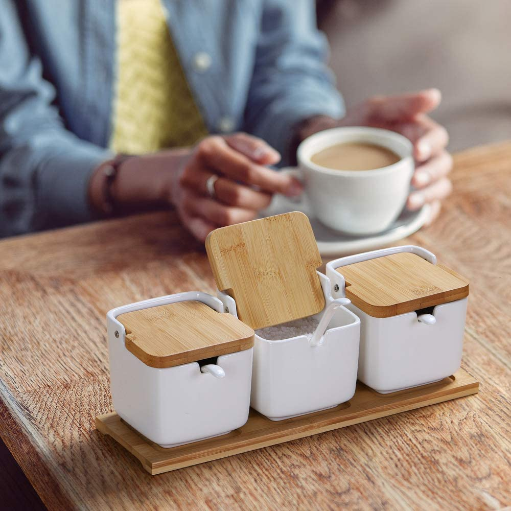 PEACNNG White Ceramic Sugar Bowls with Spoon and Bamboo Lid Set of 3