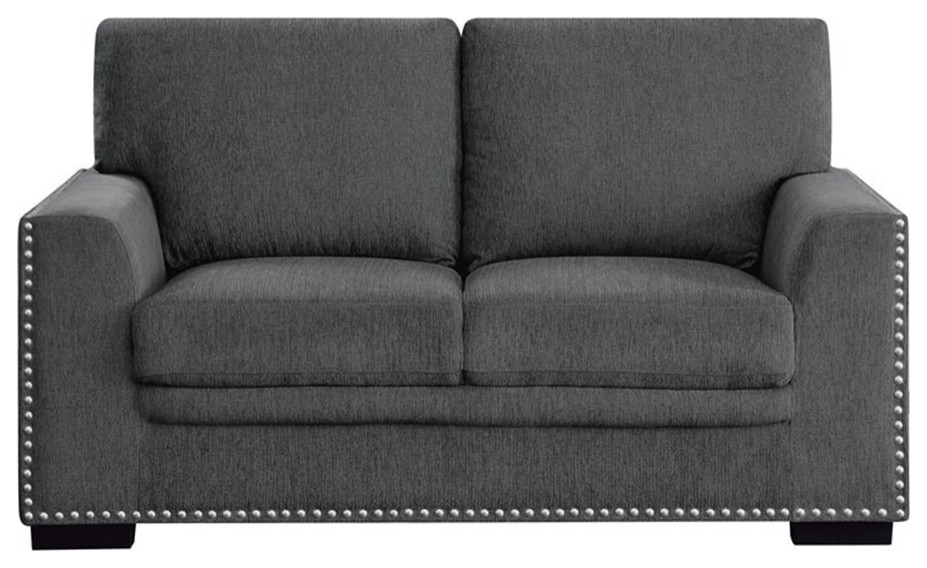 Pemberly Row 62 quotChenille Loveseat with Nailhead in Dark Gray   Transitional   Loveseats   by Homesquare  Houzz