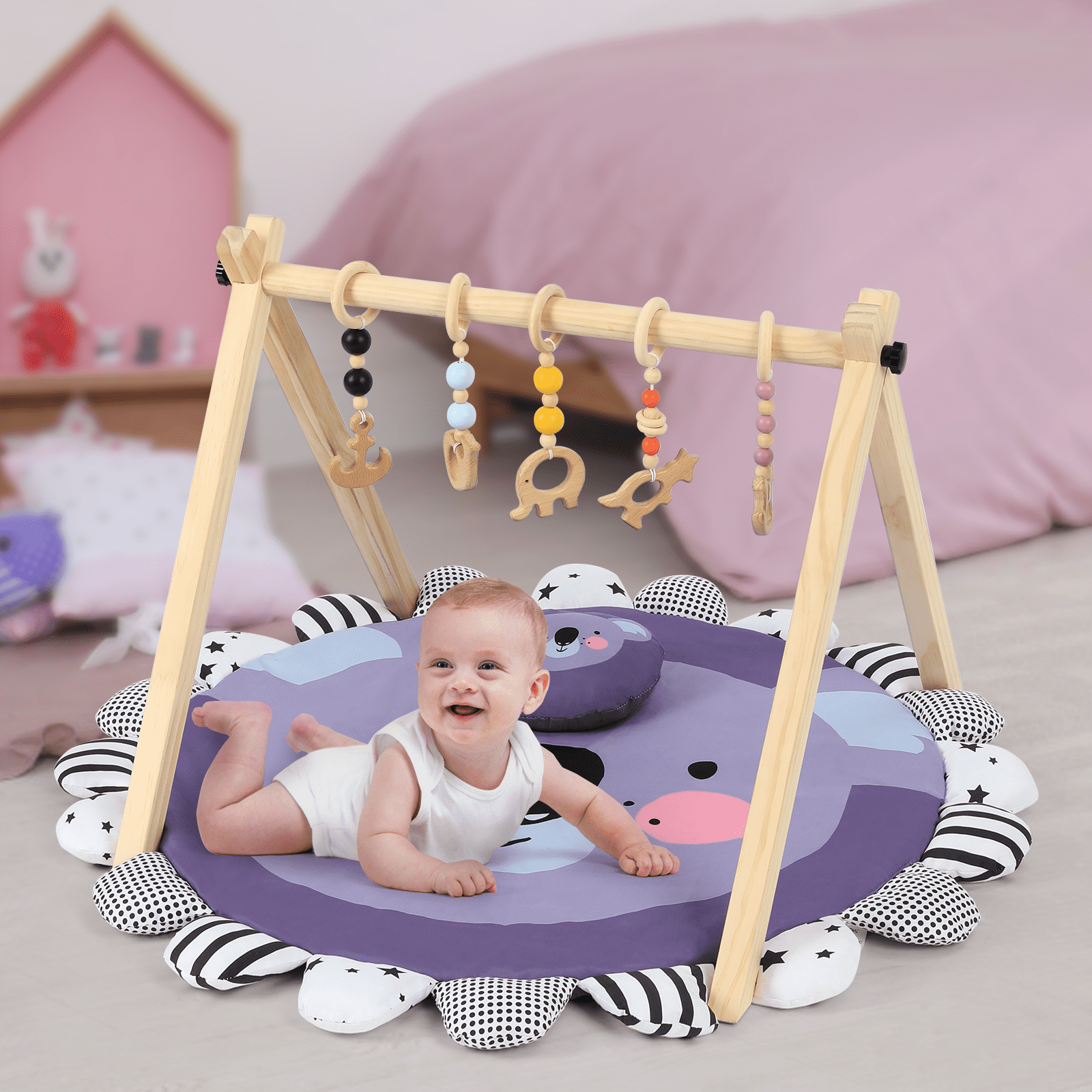 Cowiewie Wooden Play Gym， Activity Gym for Baby with 5 Hanging Toys and Play Mat， Purple