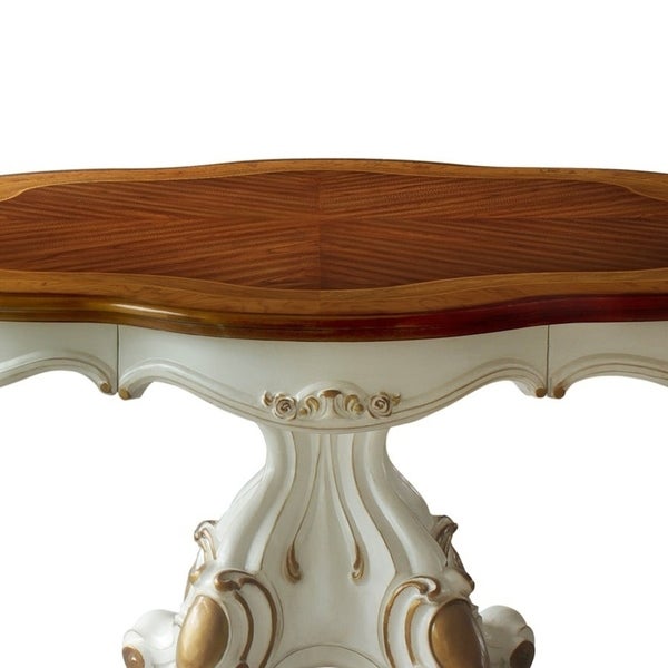 Wooden Top Dining Table with Pedestal Feet， Antique Pearl and Cherry Oak