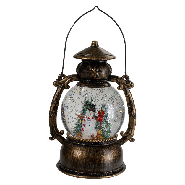 Northlight 8 inch Black With Brushed Gold Led Snowman And Christmas Trees Snow Globe Lantern