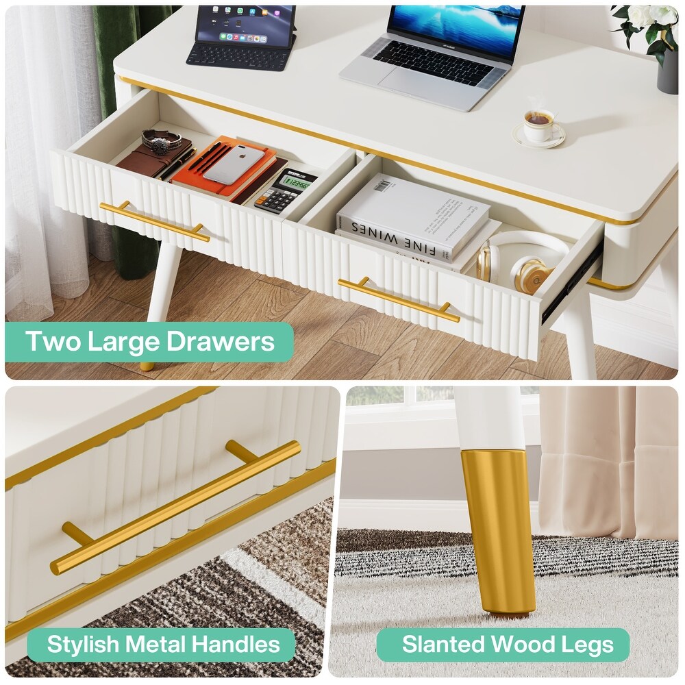 47 Inches Computer Desk with 2 Drawers  White Study Writing Desk