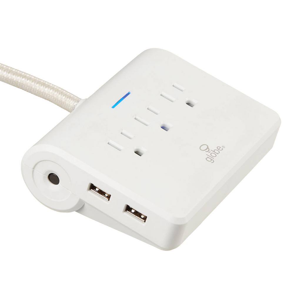 Globe Electric Designer 6 ft. 4 USB 3-Outlet Surge Protector Desktop Power Strip with Fabric Cord White 78428