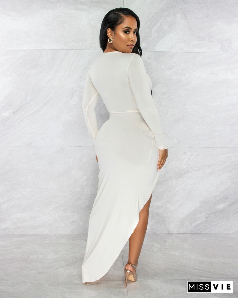 Long Sleeve Hollow Out High Split Slit Evening Dress