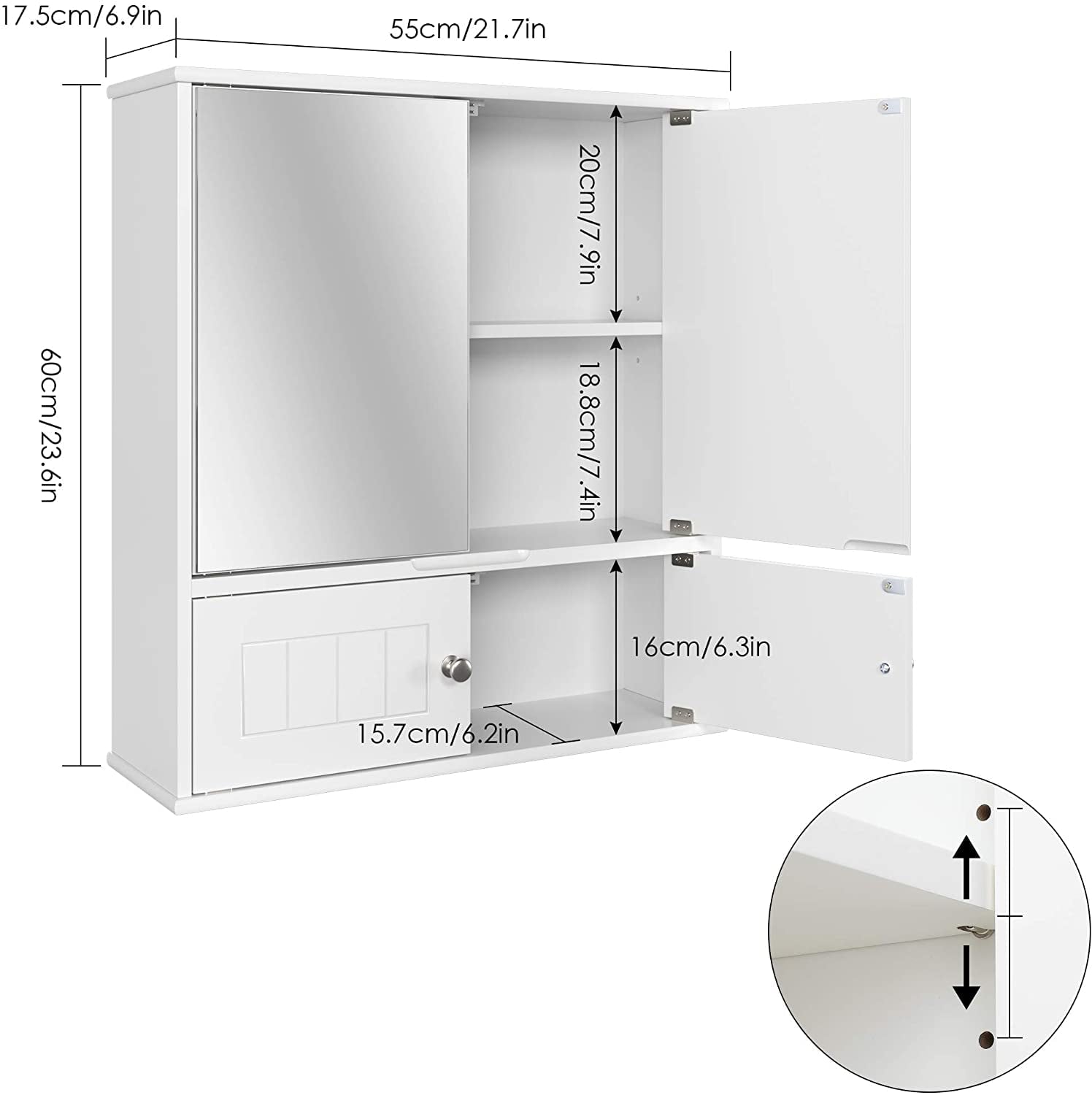 Homfa Medicine Cabinet, Wall Mount Mirror Cabinet with Door & Shelves for Bathroom, White