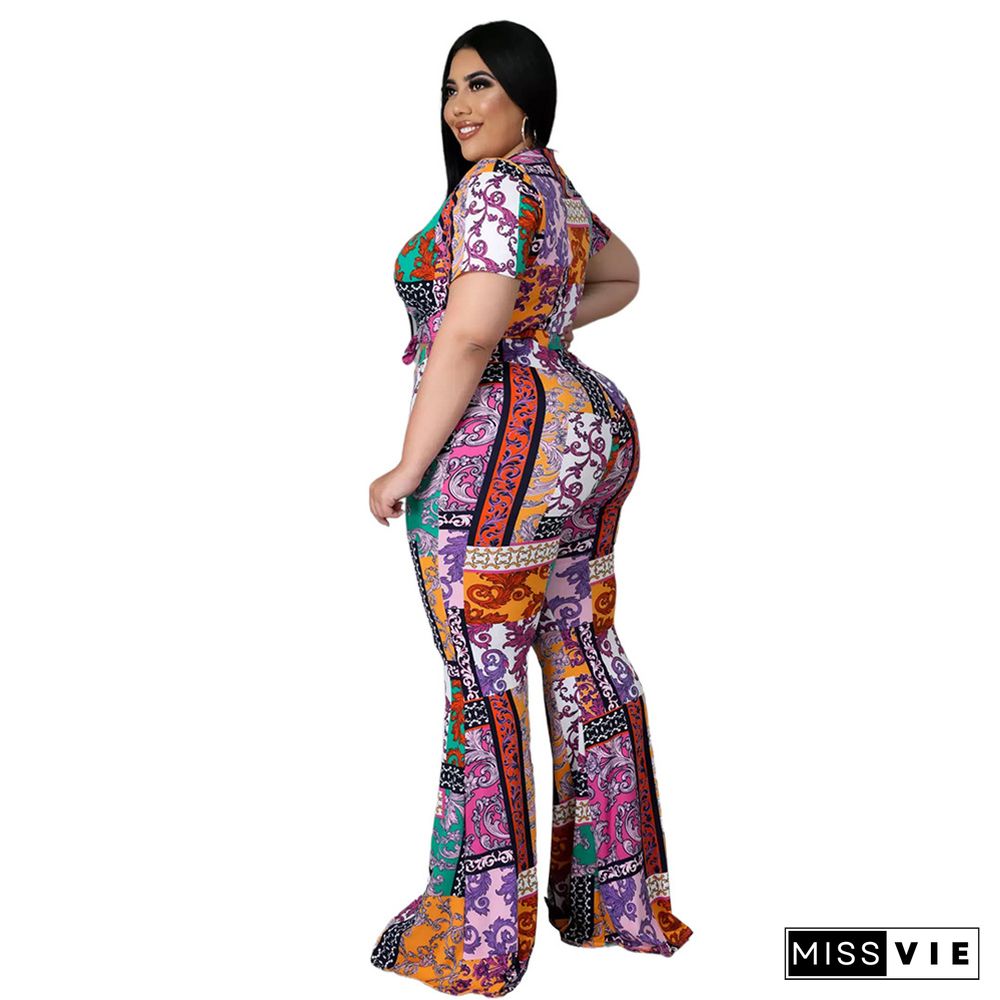 Plus Size Print Short Sleeve Crop Top Flared Pants Suit