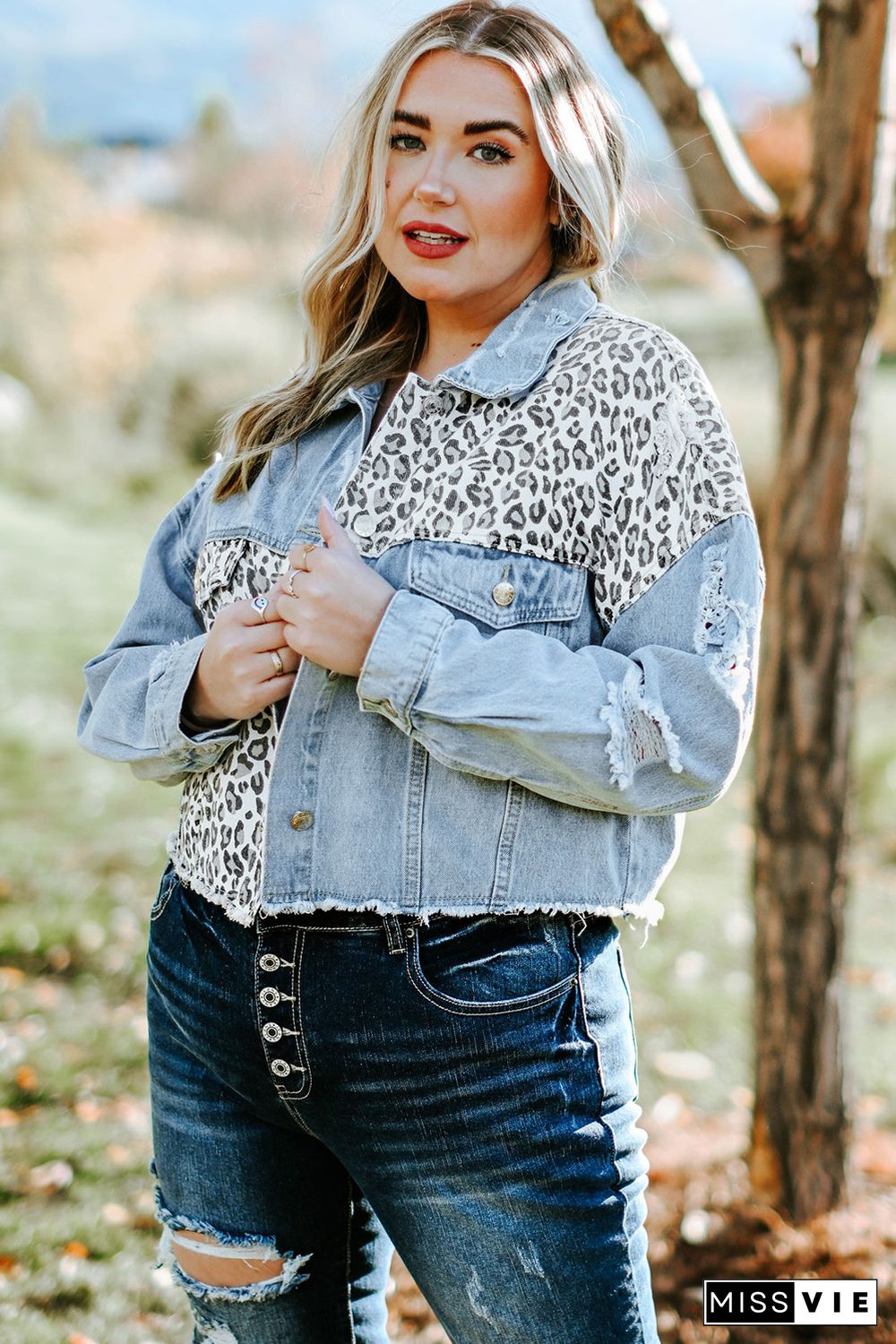 Sky Blue Plus Size Leopard Ripped Cropped Denim Jacket