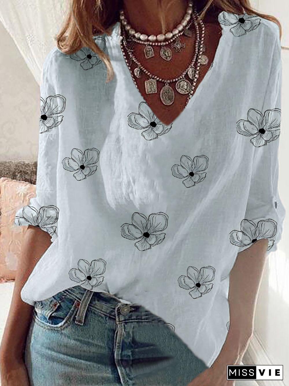 Plus size Boho Floral V Neck Blouse