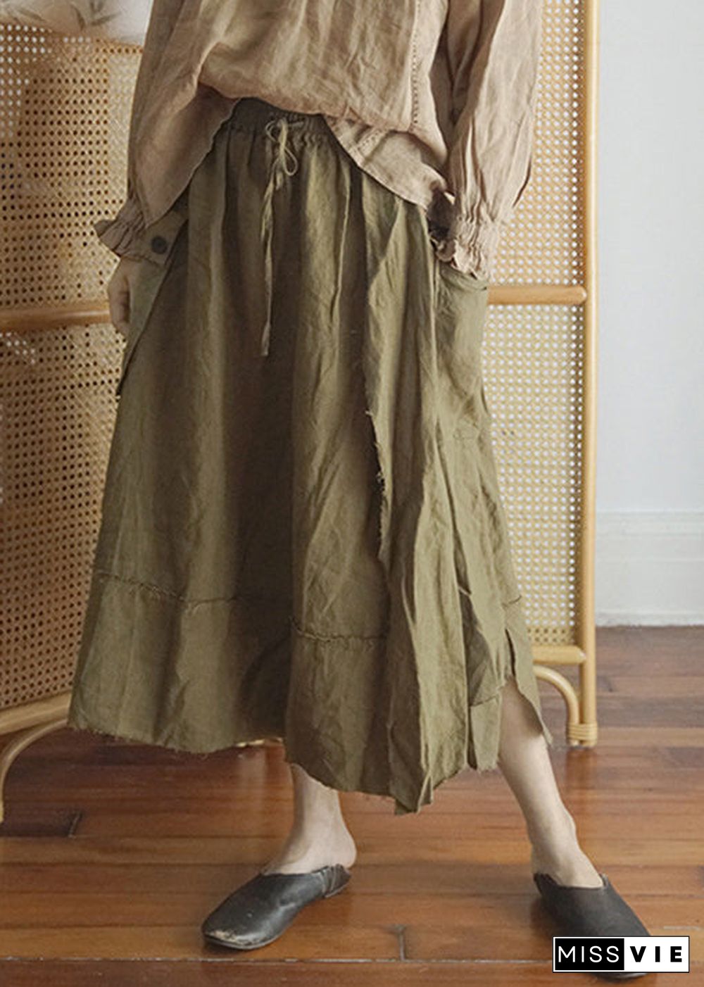 Fashion Green elastic waist drawstring Asymmetrical pocket Linen Skirt Spring