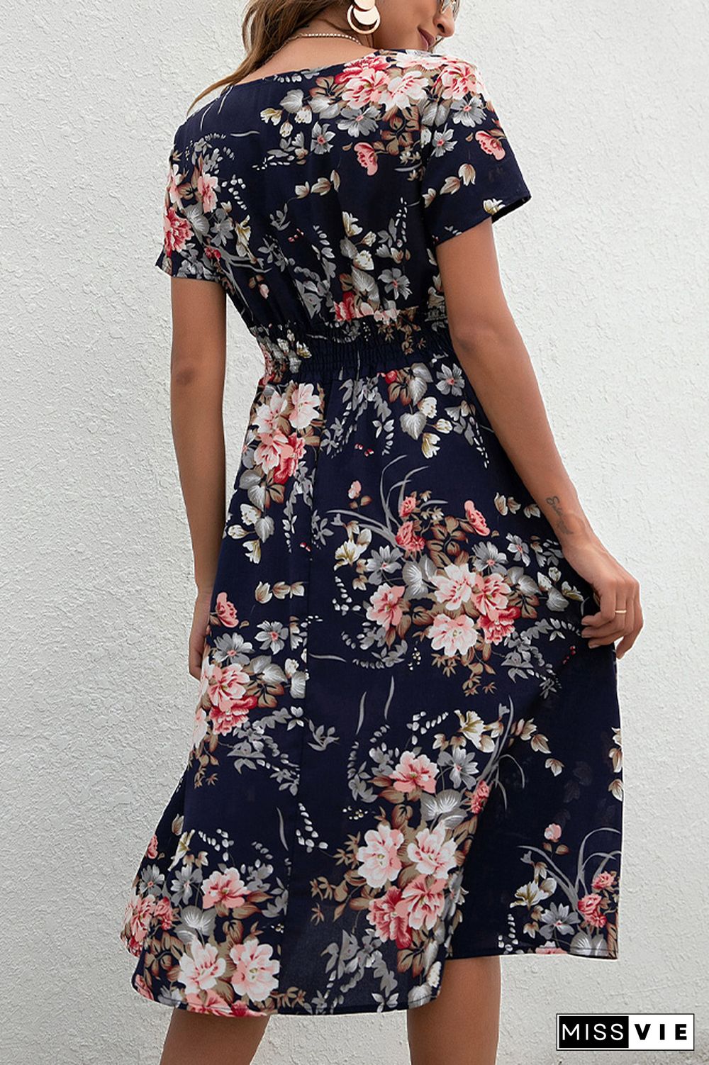 V Neck Smocked Waist Midi Floral Dress