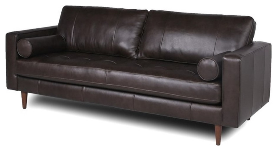 Stanton Leather Sofa With Tufted Seat And Back In Dark Brown   Midcentury   Sofas   by Homesquare  Houzz