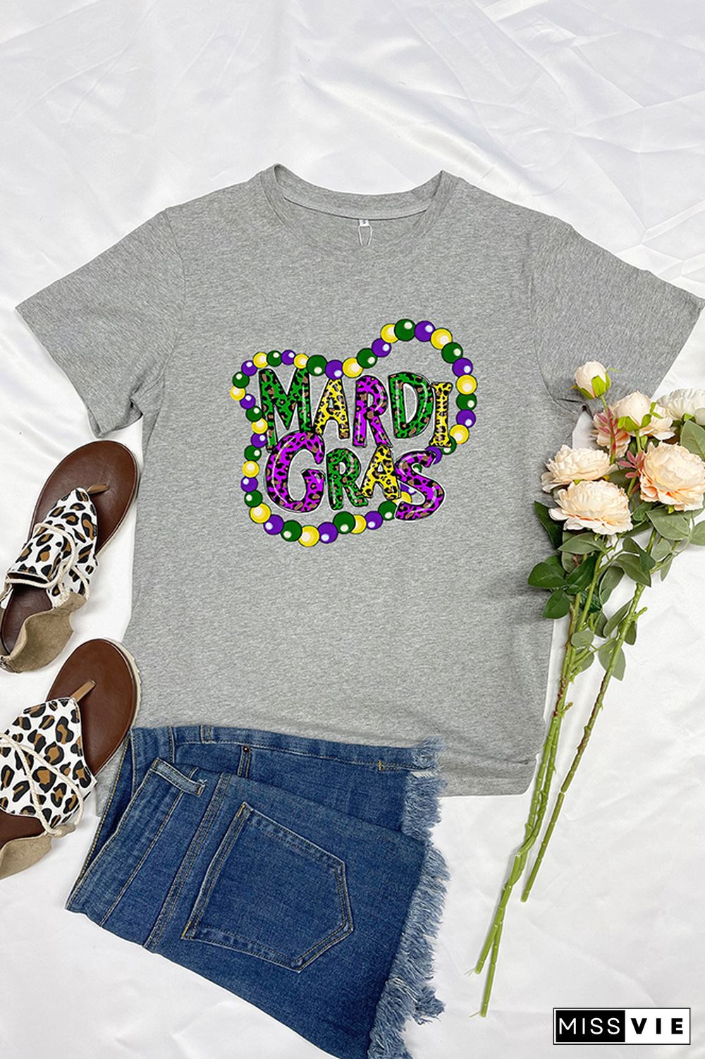 Mardi Gras Letter Print Short Sleeve Graphic Tee Wholesale