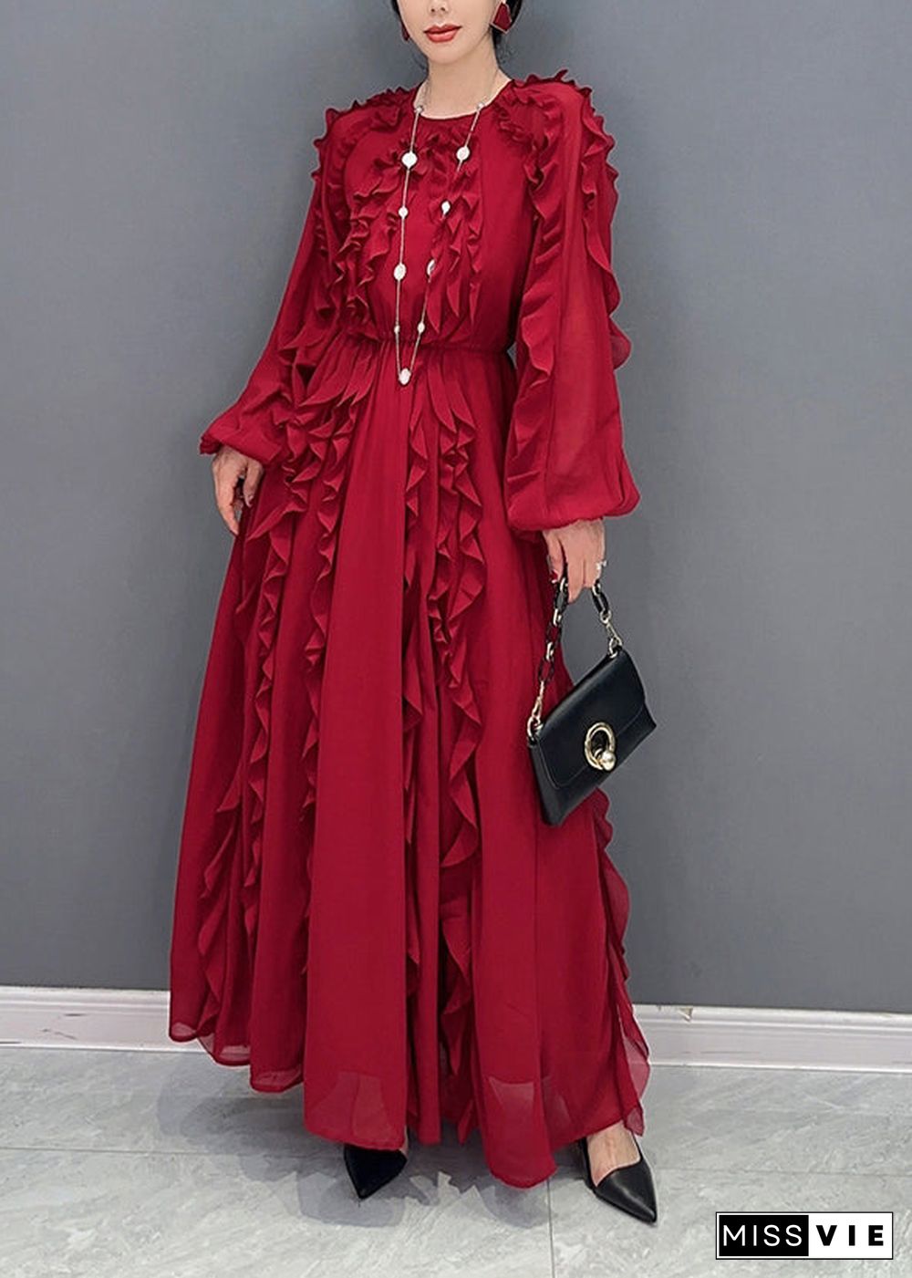 Red Slim Fit Chiffon Long Dresses O-Neck Ruffles Spring