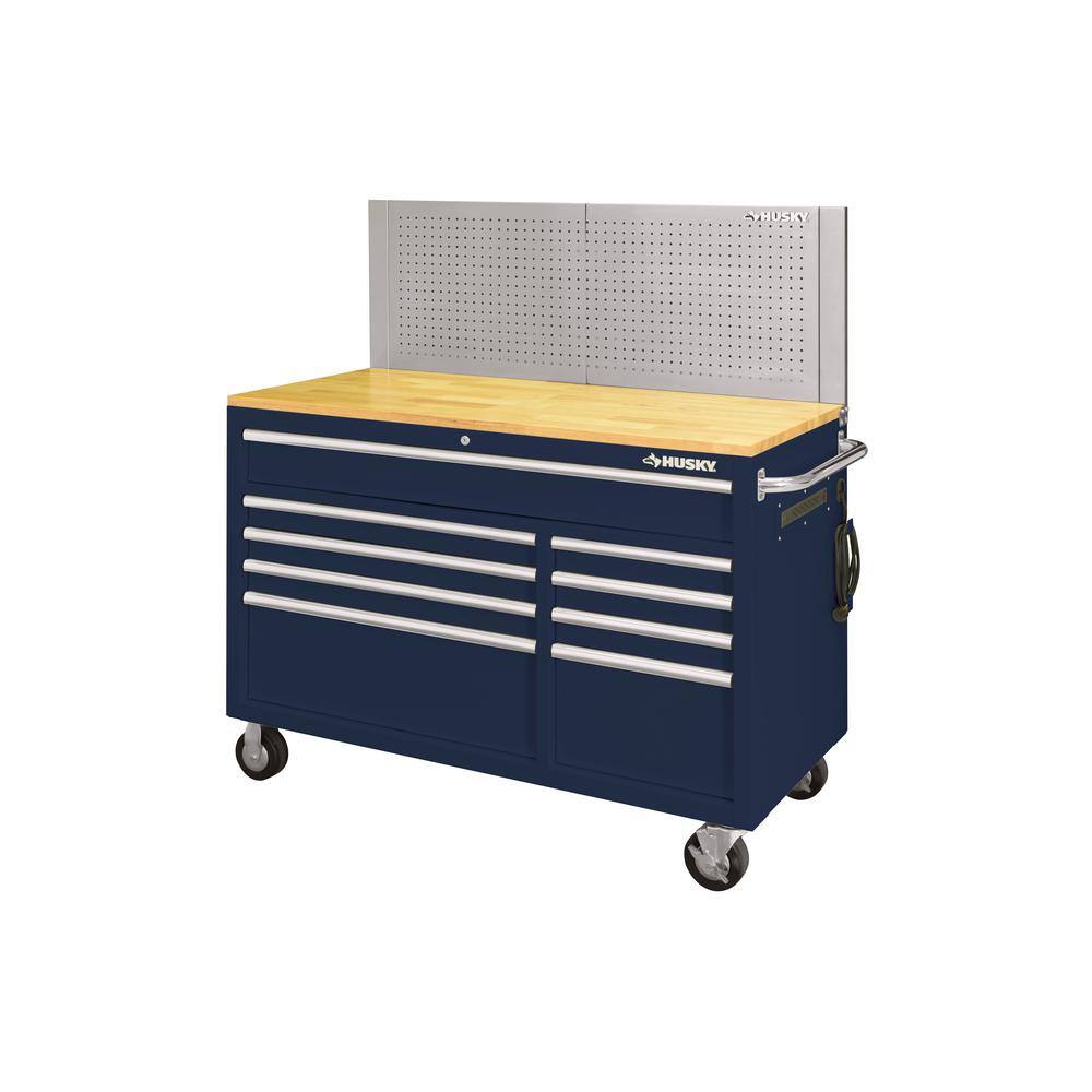 Husky 52 in. W x 24.5 in. D 9-Drawer Standard Duty Mobile Workbench with Solid Work Top and Pegboard in Gloss Blue HOTC5209B32M